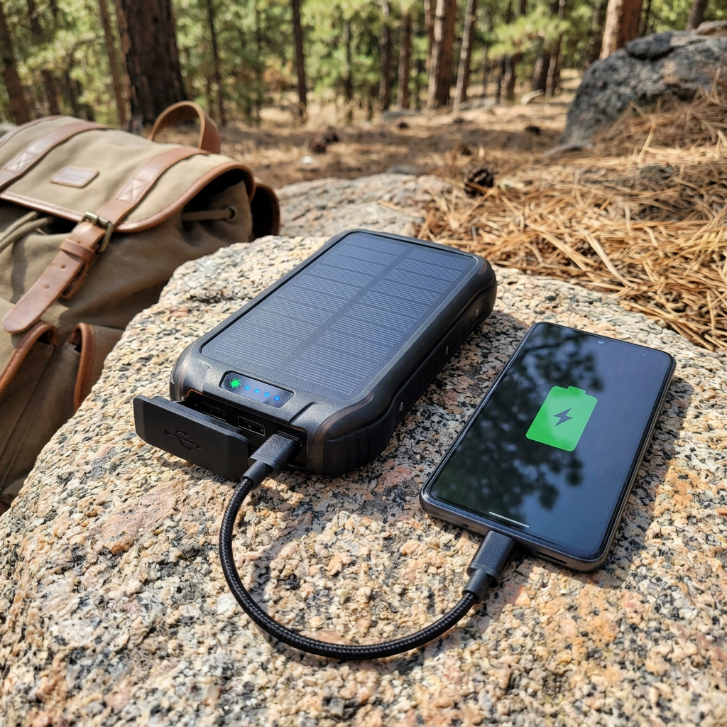 Black solar power bank charging a phone on a granite rock at a forest campsite - Electronics