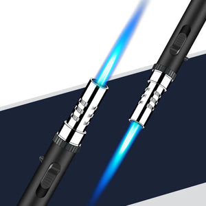 Two black pen torch lighters lit with blue jet flames, one pointing up and one pointing down