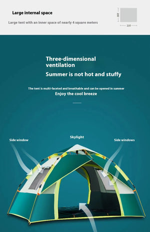 Tent airflow: side windows, skylight and two doors