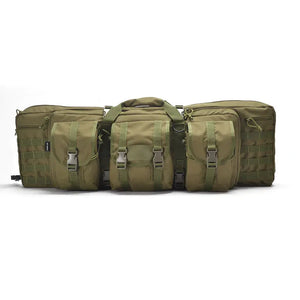 Army green soft rifle case with three buckle pouches on the front