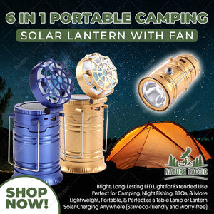 Blue and gold EverGlow lanterns with flip-up fans and a flashlight inset, by a tent at night; ad banner