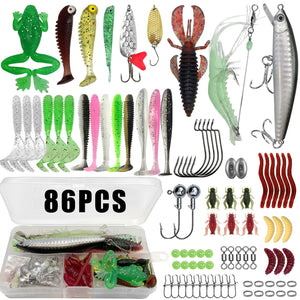 86-piece fishing lure kit with soft baits, hard baits, hooks and weights next to a clear tackle box