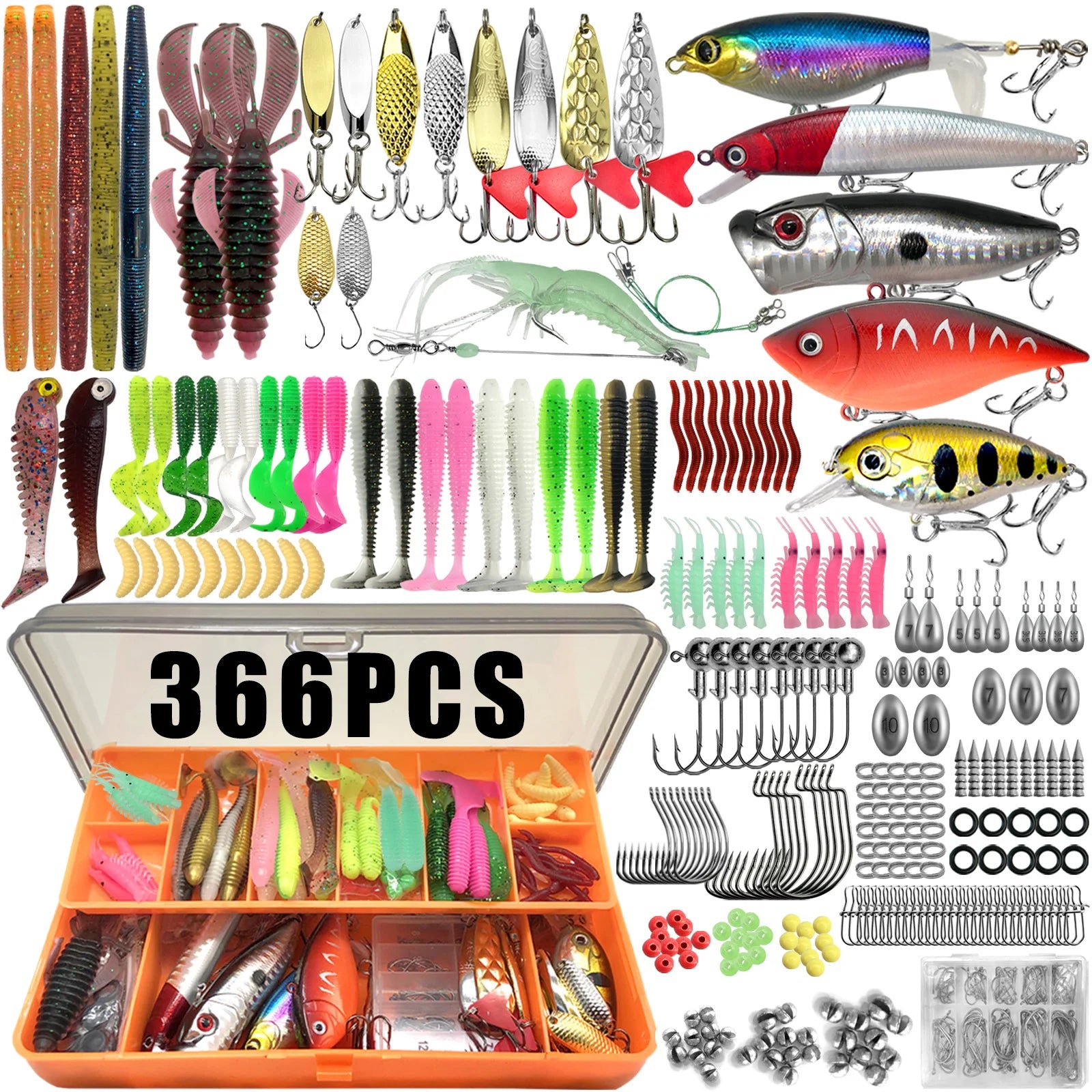 366-piece fishing lure kit with a two-layer tackle box, crankbaits, spoons, soft worms and hooks