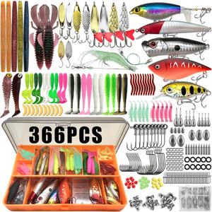 366-piece fishing lure kit in an orange tackle box with soft baits, crankbaits and terminal tackle