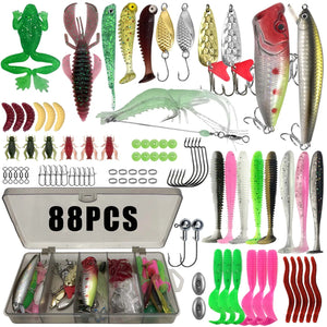 88-piece fishing lure kit with frogs, spoons, crankbaits and soft worms around a clear tackle box