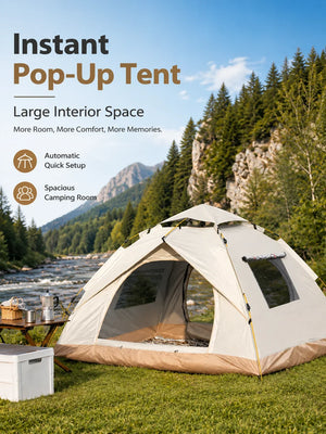 White pop-up tent beside a river with side window rolled up