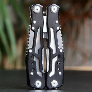 Black Adventure Buddy multi-tool standing closed, front view