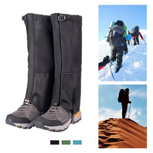 WeatherTrek Pro black gaiters over hiking boots, with green and blue colors