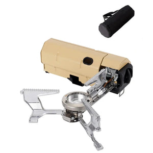 Khaki AdventureChef stove with pot arms and burner open, and the black zip carry bag