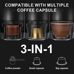 Three ways to brew: ground coffee, a small capsule or a big capsule, shown inside the espresso maker