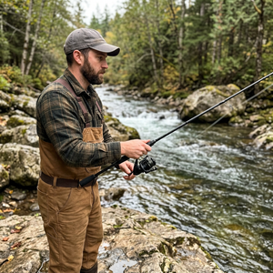 Angler fishing a forest creek with a black carbon travel fishing rod