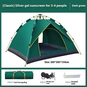 Dark green pop-up camping tent with storage bag, windproof ropes and ground stakes