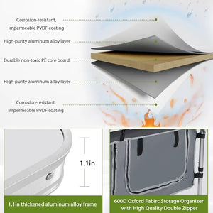 Table top layers, 1.1 in aluminum alloy frame edge, and 600D fabric storage cabinet with zippers