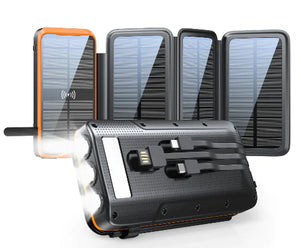 Solar power bank with four fold-out solar panels, three flashlights lit and built-in cables