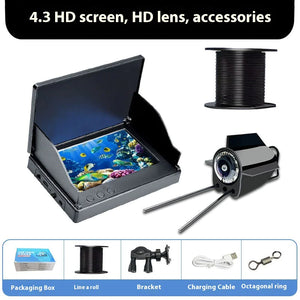 Fish finder kit: 4.3-inch screen with sun hood, underwater camera, cable reel, bracket, charging cable and swivel ring