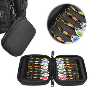 Zip lure case clipped to a bag, with a close-up of spinners in the foam slots