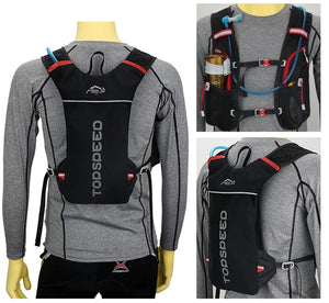Black PureFlow hydration vest worn with the water bag tube over the shoulder