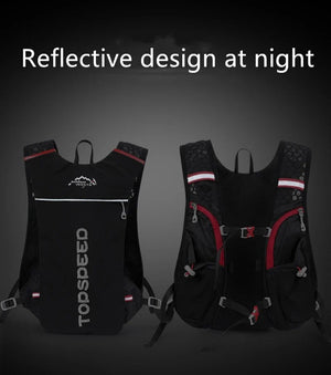 PureFlow hydration vest reflective strips shown at night