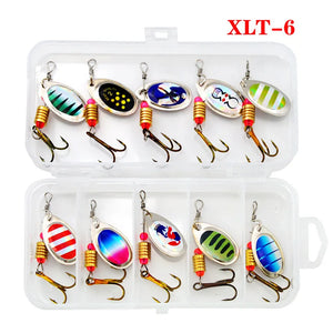 Ten inline spinner lures in a clear plastic box
