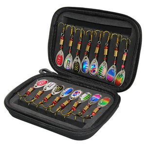 16 inline spinner lures in an open black zip case