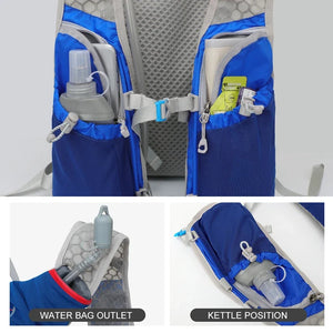 PureFlow vest front pockets holding a soft bottle, with the water bag tube outlet
