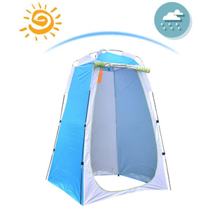 Blue HideAway privacy tent with the door rolled up, shown under sun and rain icons