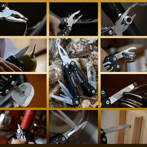 Grid of Adventure Buddy uses: snipping wire, turning a nut, peeling fruit, opening a bottle, filing, screwdriver
