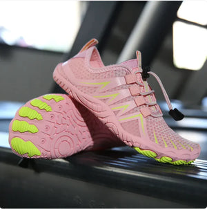 Elite Fusion 7 barefoot shoes in pink with fluorescent green stripes