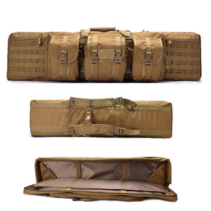 Tan rifle case from the front, from the back with straps, and open with the lining showing