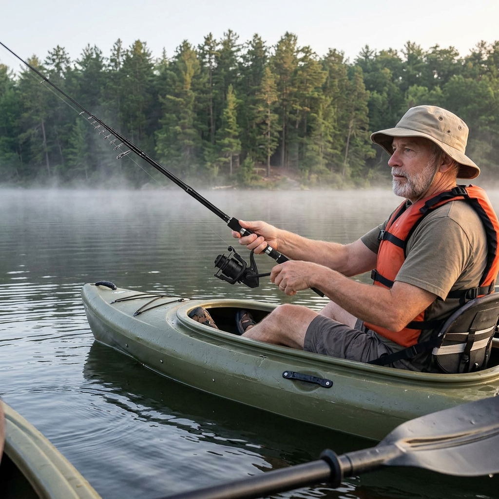 Angler fishing from a kayak on a misty lake with a telescopic carbon spinning rod