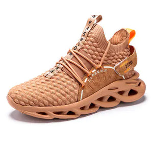 Brown knit-style TrailHawk shoe with a bubble texture top and a printed tongue tab