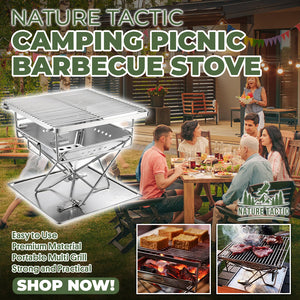 Nature Tactic folding campfire grill with food on the grate at a picnic