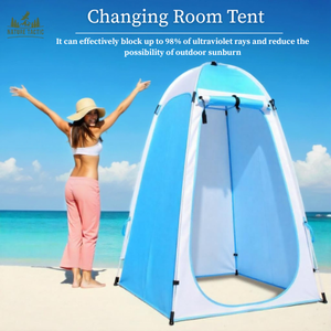 Blue privacy tent on a beach with a woman in a sun hat, Nature Tactic logo and Changing Room Tent text
