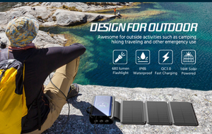 Hiker on rocks by a lake with a folding solar charger; icons for 680 lumen, IP65, QC3.0, 16W solar