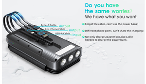 Folding solar power bank with labeled built-in cables (USB-C, phone, USB-A) and three flashlights