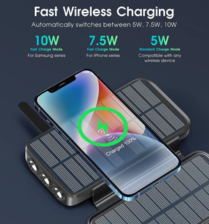 Phone charging wirelessly on the folding solar power bank, with 10W, 7.5W and 5W mode labels