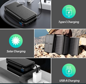 Folding solar power bank charging by USB-C, by sun on rocks, and by USB-A from a wall plug