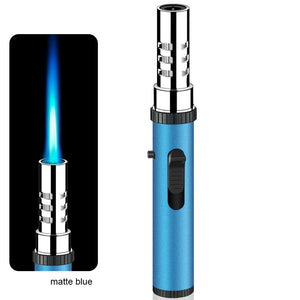 Matte blue pen torch lighter with chrome tip, next to an inset of its blue jet flame