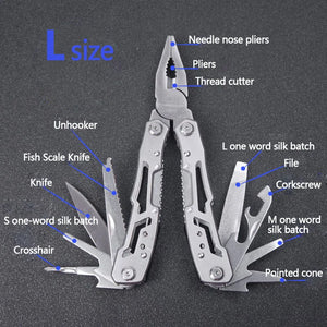 Large Adventure Buddy with parts labeled: pliers, cutter, blade, file, screwdrivers, hook remover, pointed tip