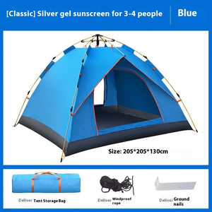 Blue pop-up camping tent with storage bag, windproof ropes and ground stakes