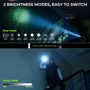 Step mode levels from eco to turbo plus strobe and SOS; man using ramp mode on a stairway