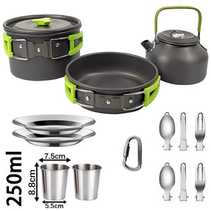 Green 2-person set with 250 ml cups, plates and folding utensils
