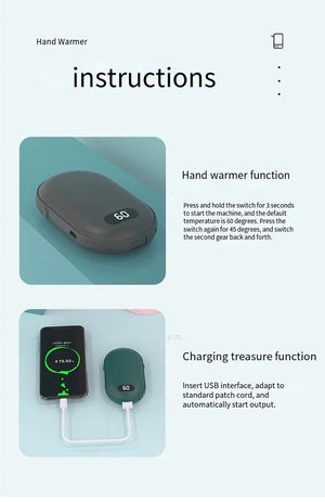 How to use the hand warmer: hold the button 3 seconds to turn on, press again to switch between 60 and 45, and plug in a phone to charge it