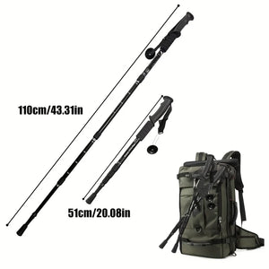 RidgeWalk trekking pole at 110 cm long and folded to 51 cm, with two poles strapped to a backpack