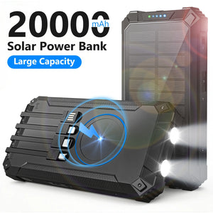 Black 20000mAh solar power bank, front solar panel and back with wireless pad and four built-in cables