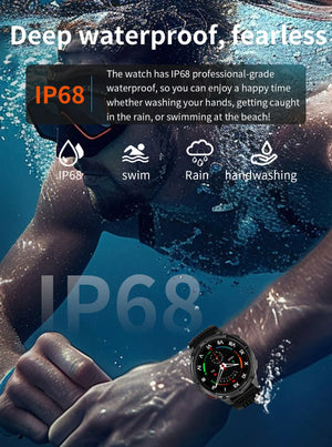 Black smartwatch on black band worn by swimmer underwater with IP68 splash rating graphics