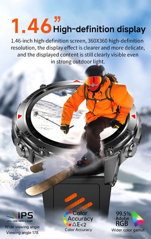 Close-up of a smartwatch with a snowboarder bursting out of the screen and display icons below