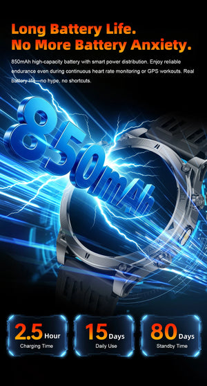 Watch case with 850mAh graphic and lightning; tiles for 2.5 hour charge, 15 days use, 80 days standby