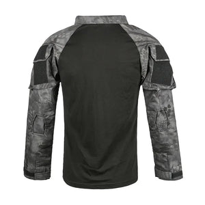 Back of the StealthWeave shirt showing arm pockets with patch panels and elbow pockets