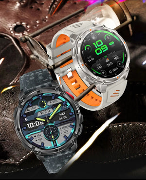 Blue camo band smartwatch with camo dial and silver smartwatch with grey-orange band on leather